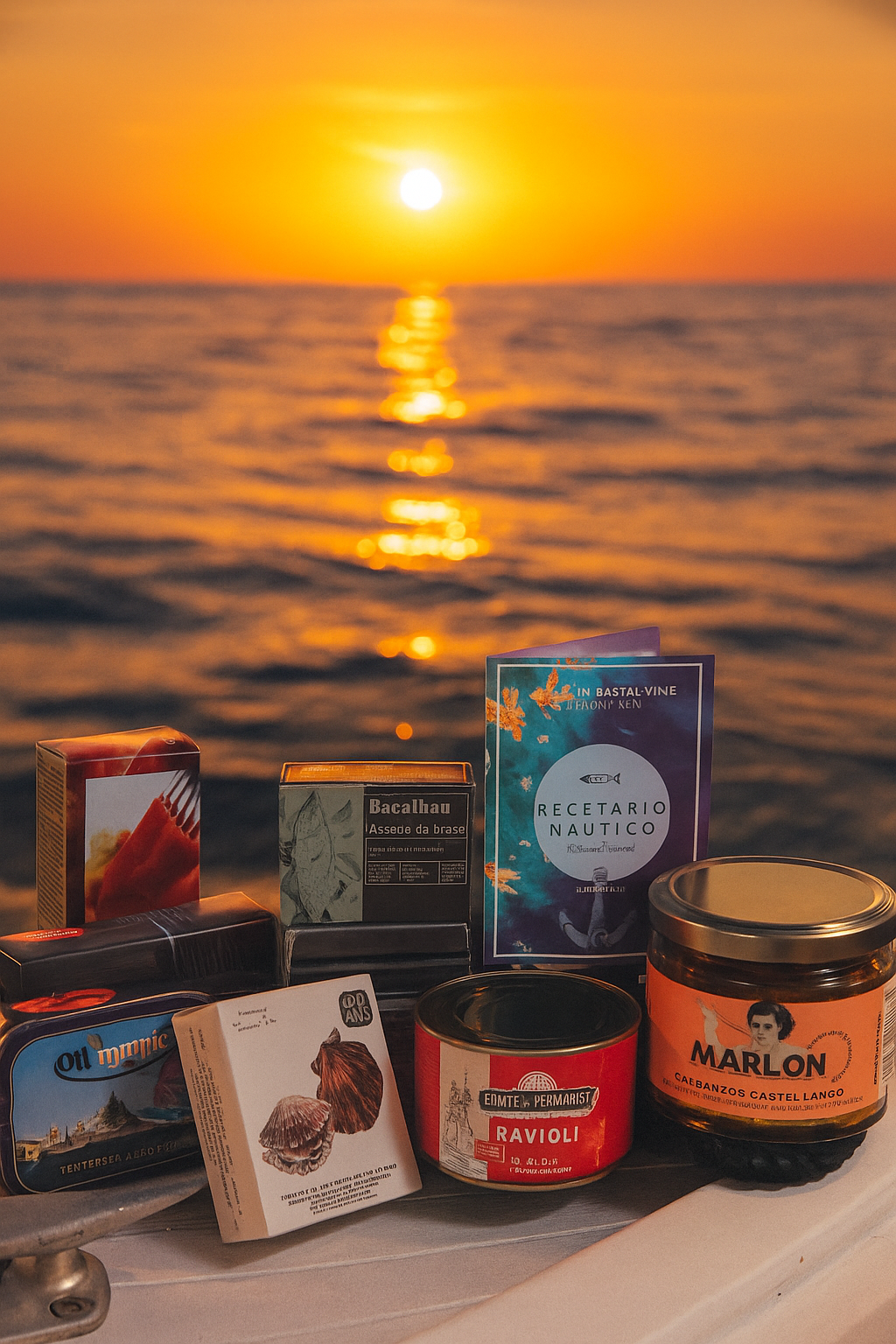 Foto de selección de latas gourmet para travesía en barco