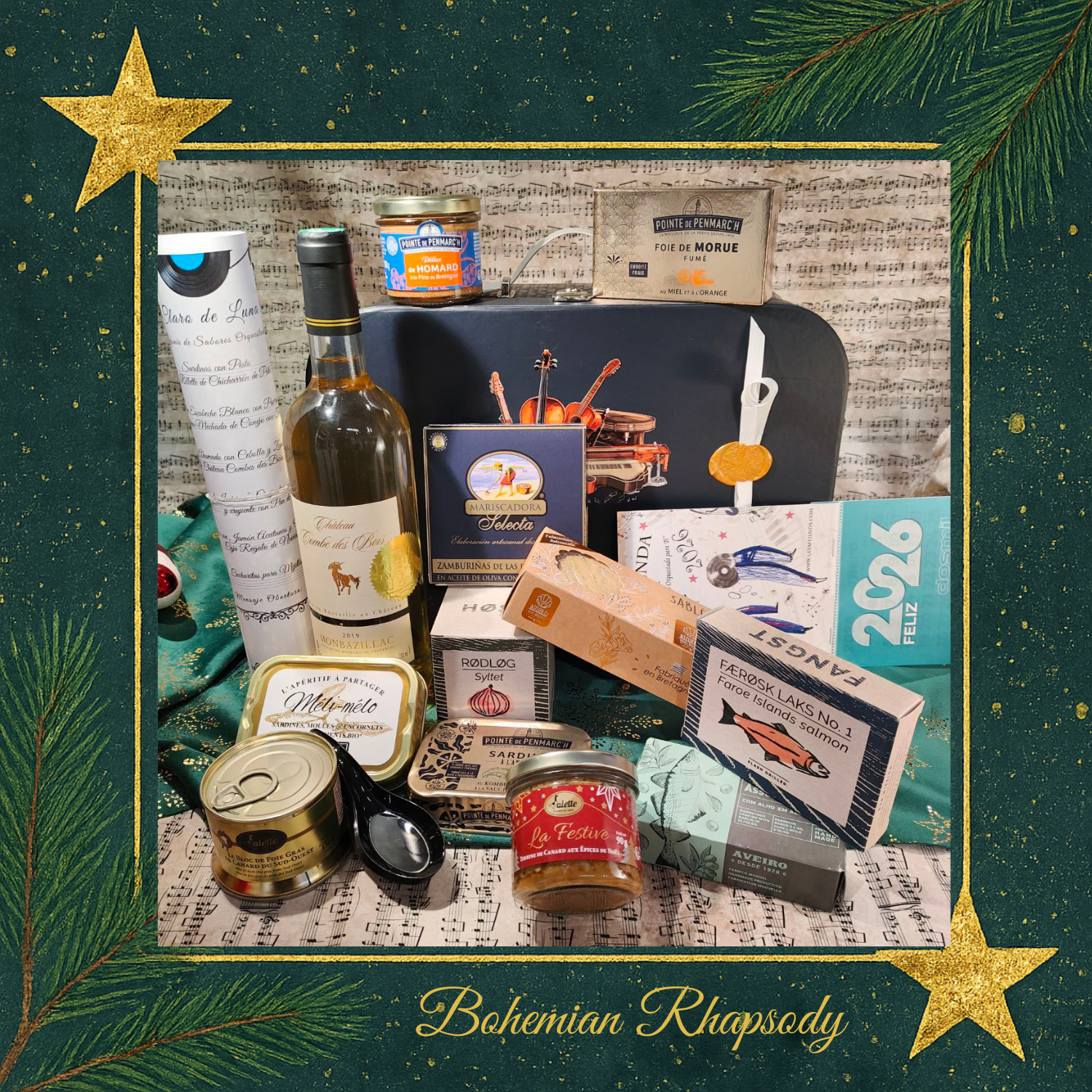 Bohemina Rhapsody abierta m Gran cesta de regalo Bohemian Rhapsody con conservas Internacionales