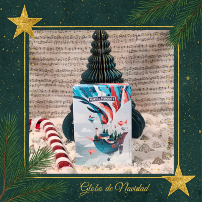 Caja regalo navidad ilustrada `por Eor Glass con una casa flotante