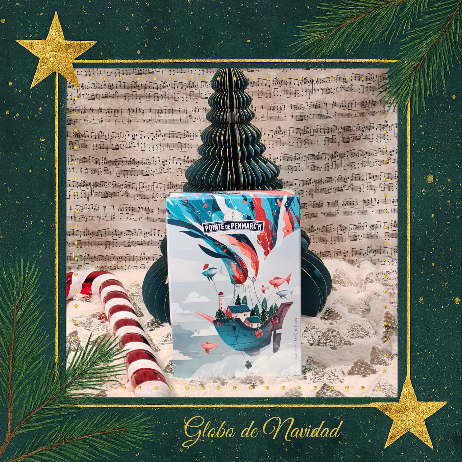 Caja regalo navidad ilustrada `por Eor Glass con una casa flotante