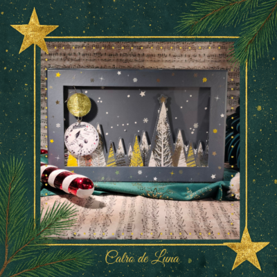 Caja regalo Claro de luna con forma de caja y decoración navideña de montañas en dorado y blanco