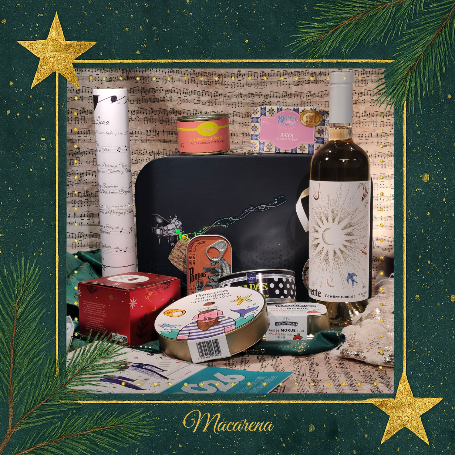 Cesta regalo Macarena abierta Cesta de regalo con presentación de sus conservas de carne y pescado muy originales