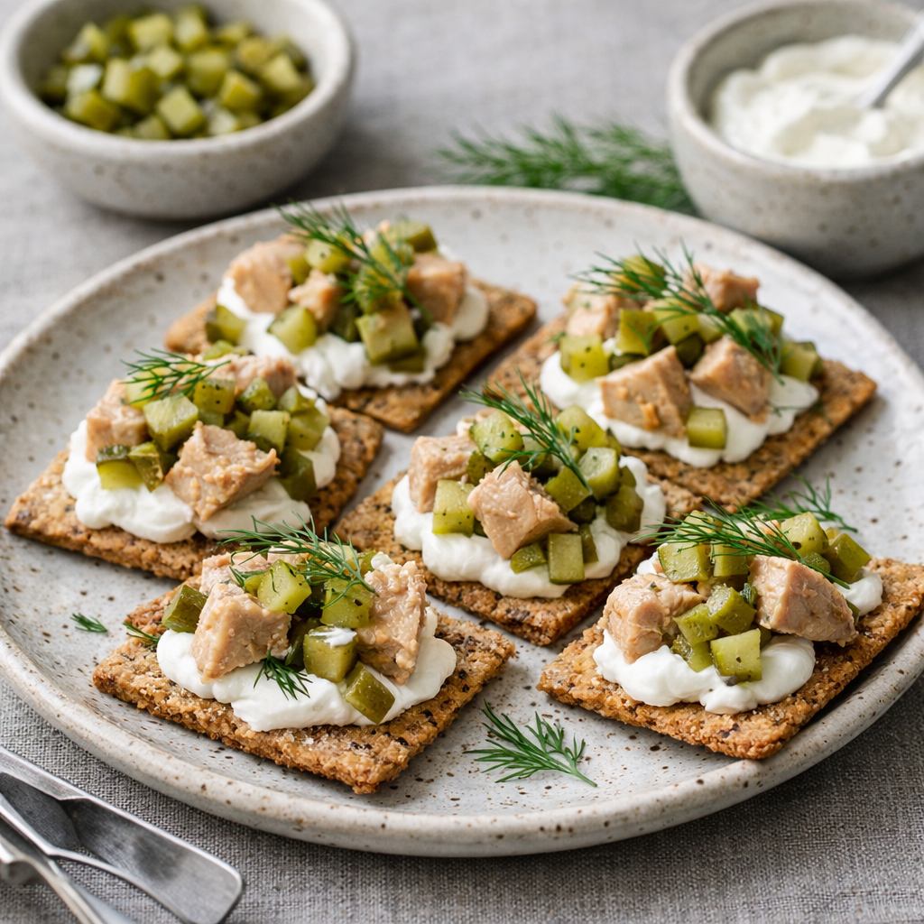 tostadas de hígado de rape con pepinillo y eneldo